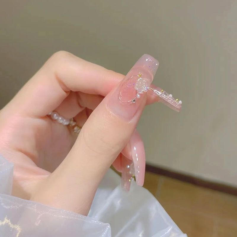 Designer: DuoDuo 1219.Handmade nails Press on Nails DIY Nail Art for woman girl Long Coffin pink wedding