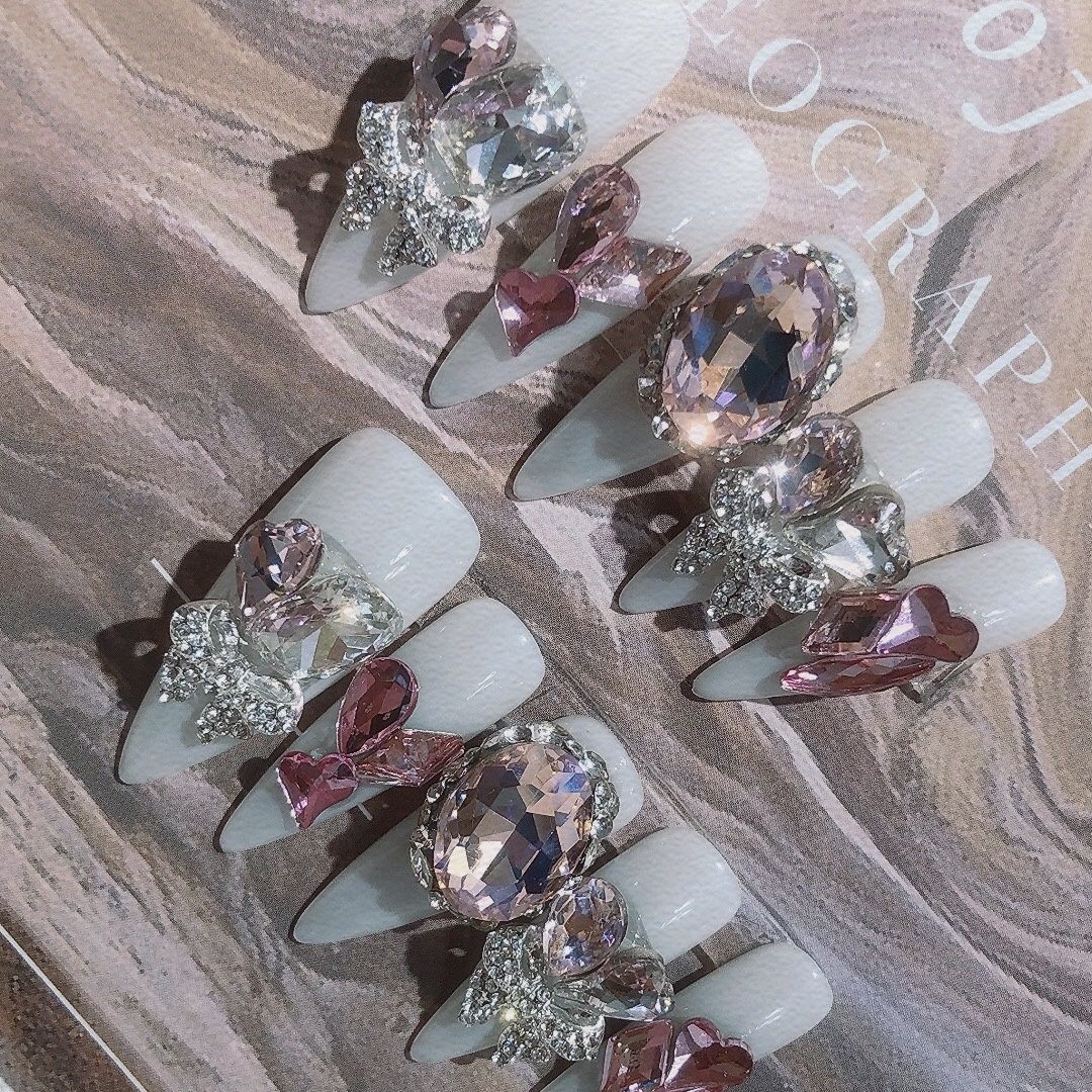 Designer: PinPin 1015.Handmade nails Press on Nails DIY Nail Art for woman girl Long Almond pink rhinestone