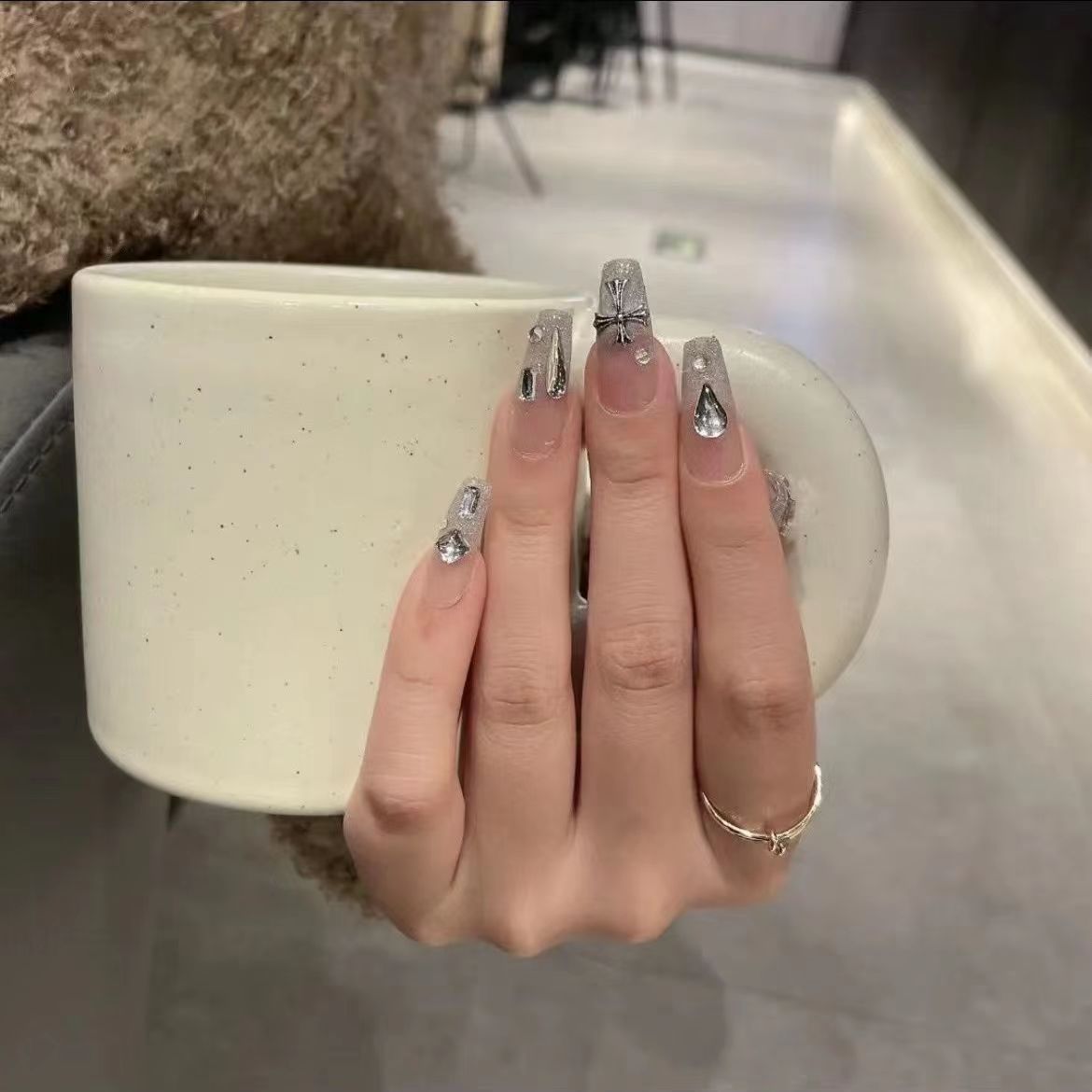 Designer: DuoDuo 1241.Handmade nails Press on Nails DIY Nail Art for woman girl Long Coffin silver rhinestone