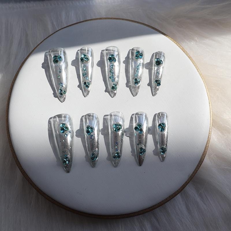 Designer: XinXin 68.Silver rhinestones almond handmade nails Press on Nails DIY Nail