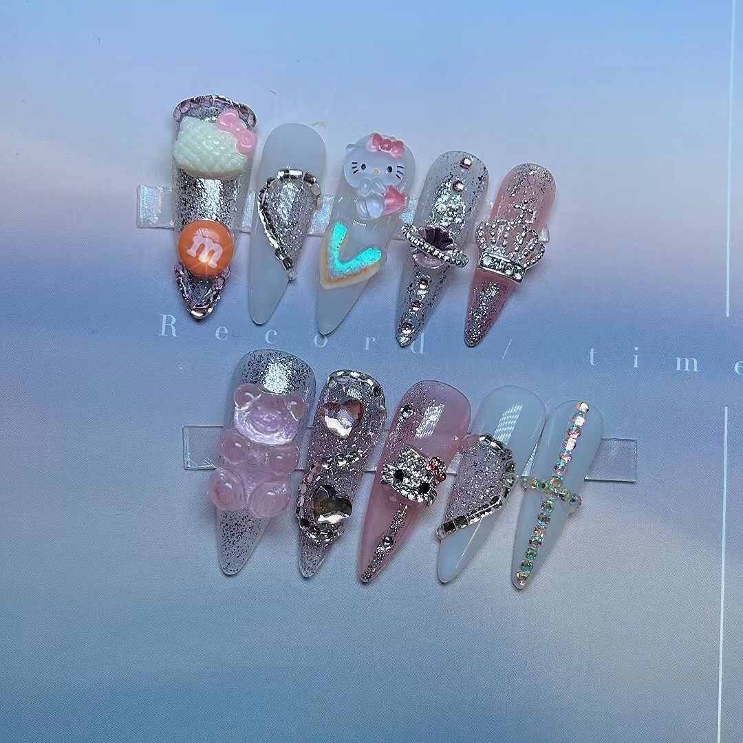 Designer: PinPin 1011.Handmade nails Press on Nails DIY Nail Art for woman girl Almond Long Cartoon