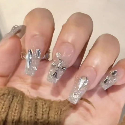 Designer: DuoDuo 1241.Handmade nails Press on Nails DIY Nail Art for woman girl Long Coffin silver rhinestone