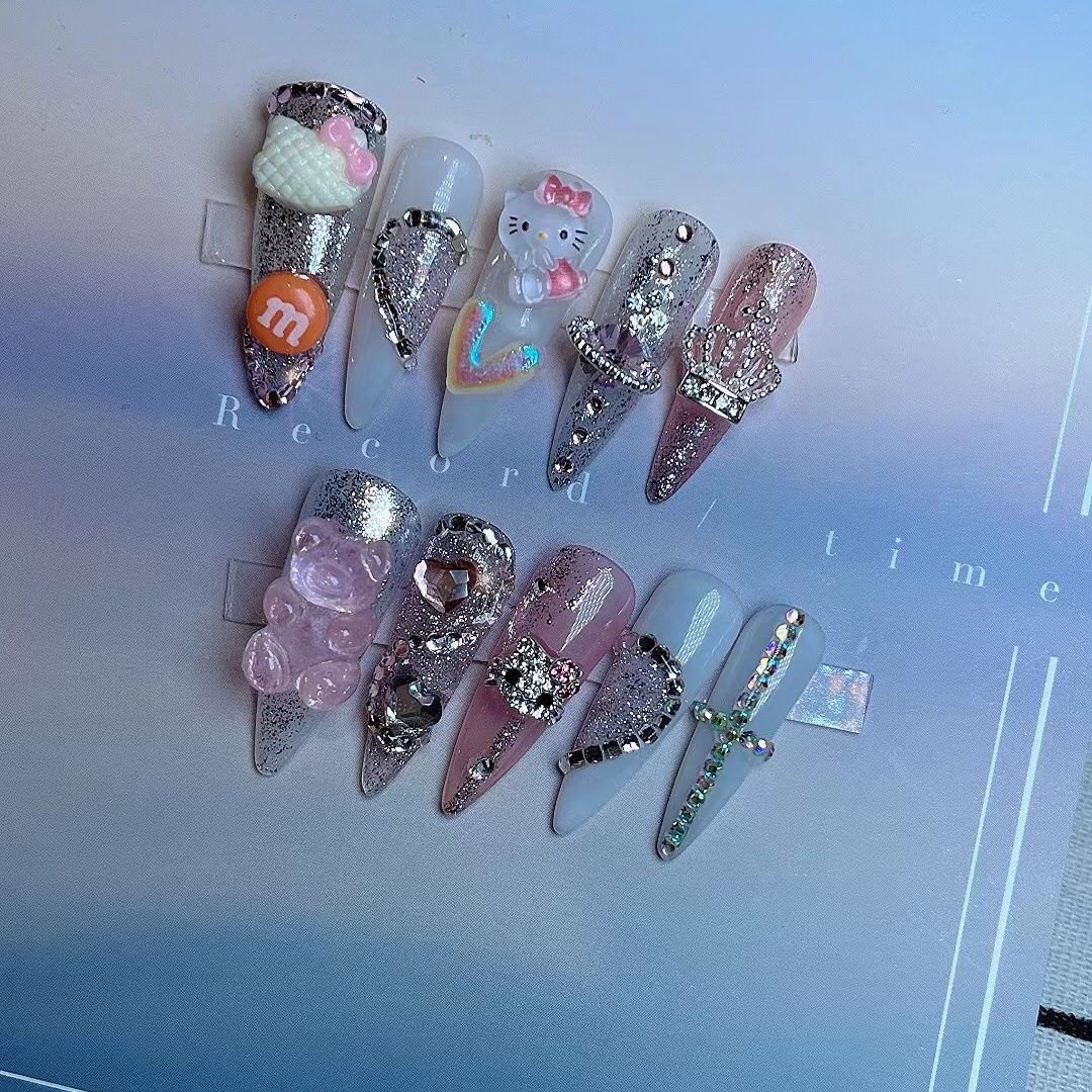 Designer: PinPin 1011.Handmade nails Press on Nails DIY Nail Art for woman girl Almond Long Cartoon