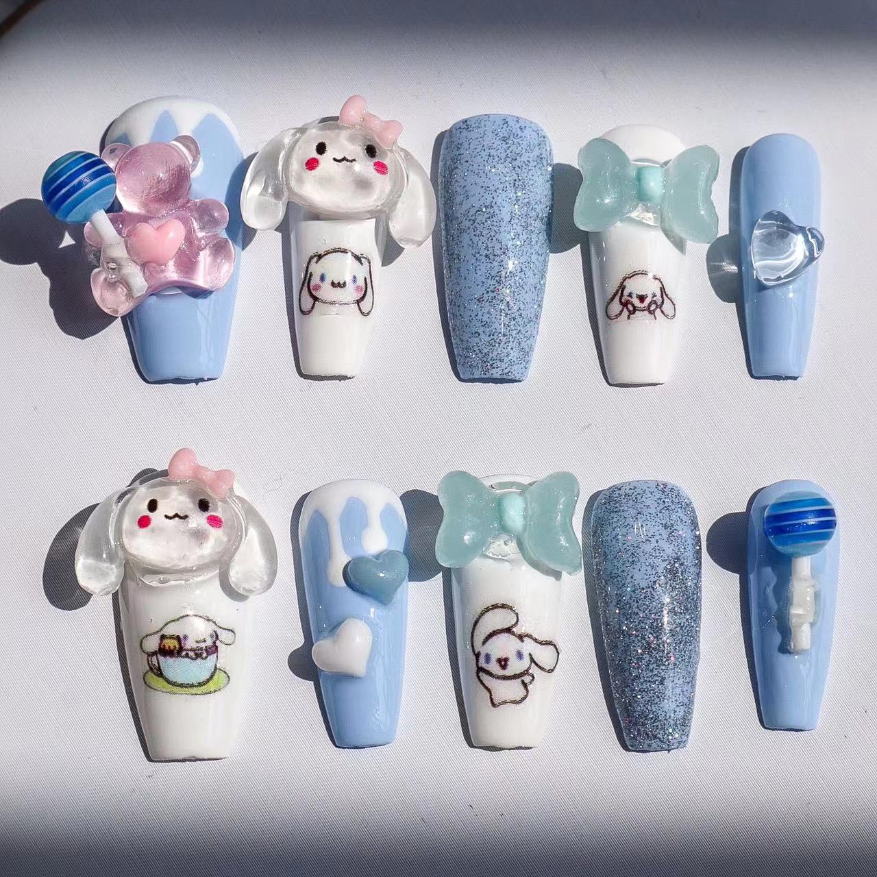 90-94.BabyCinnamoroll pink blue handmade nails Press on Nails DIY Nail Art 91 92 93