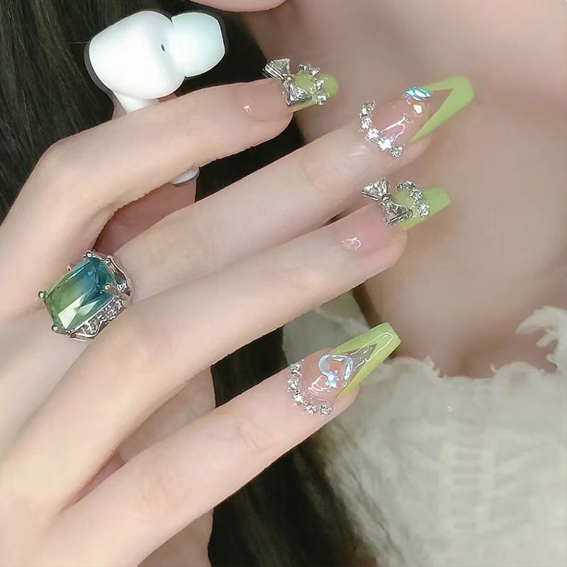 Designer: DuoDuo 1123.Handmade nails Press on Nails DIY Nail Art for woman girl French Long Coffin pink green