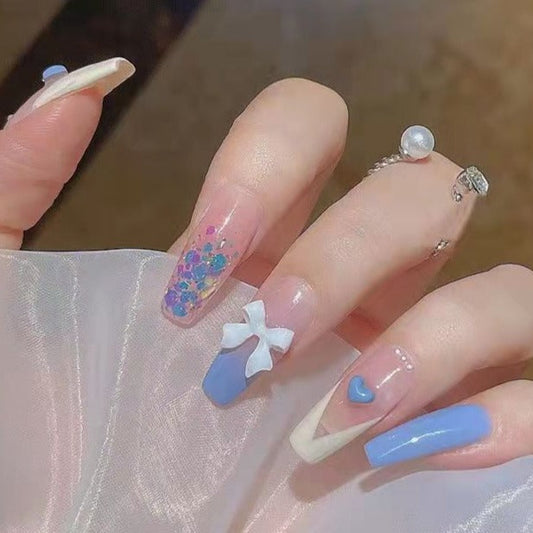 Designer: DuoDuo 1234.Handmade nails Press on Nails DIY Nail Art for woman girl French Long Coffin pink blue