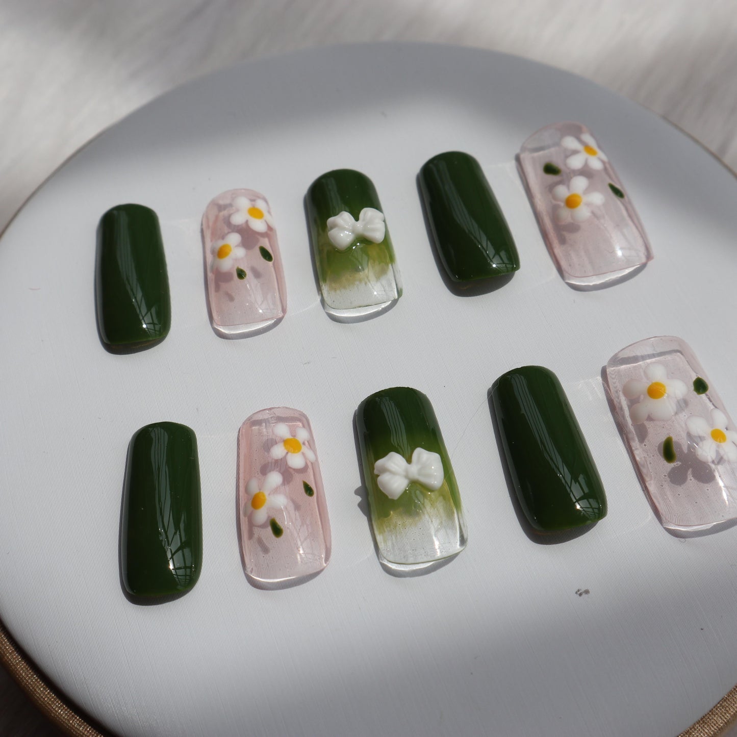 Designer: XinXin 7. Green Pink flowers long handmade nails