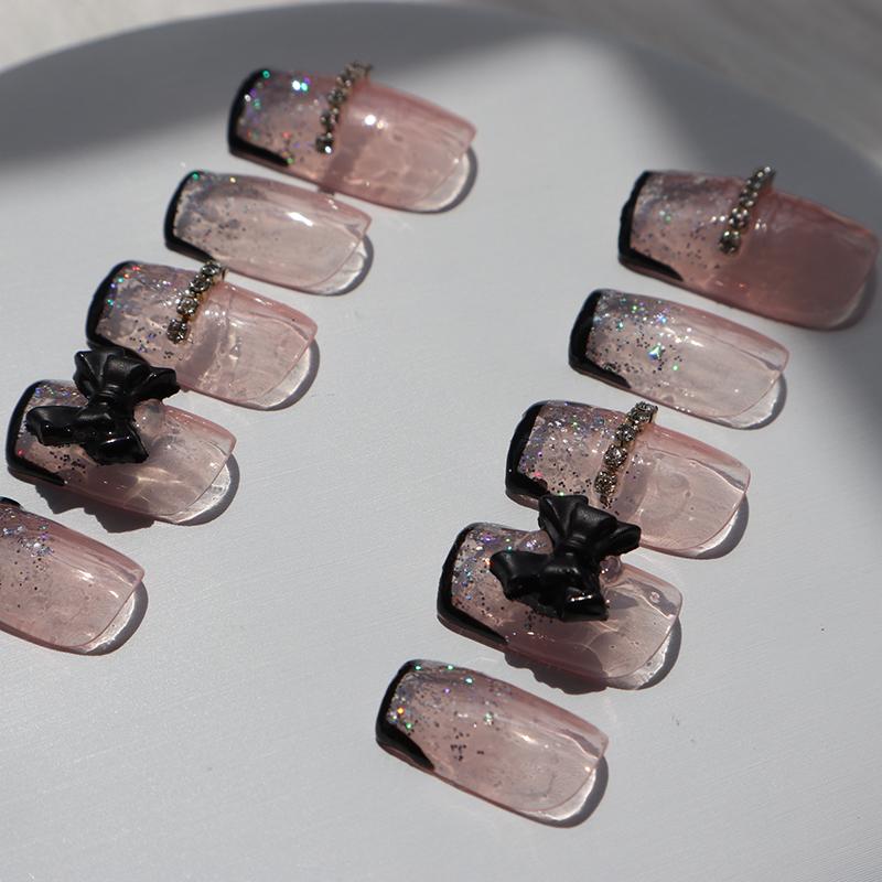 Designer: XinXin 37.Pink rhinestones black bow-knot short  handmade nails Press on Nails DIY Nail Art