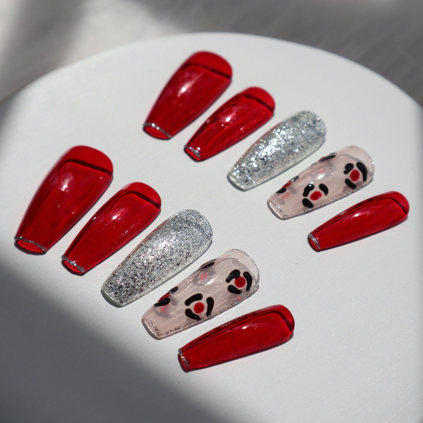 Designer: XinXin 1. Red flower Handmade transparent long T handmade nails Press on Nails DIY Nail Art Long Coffin