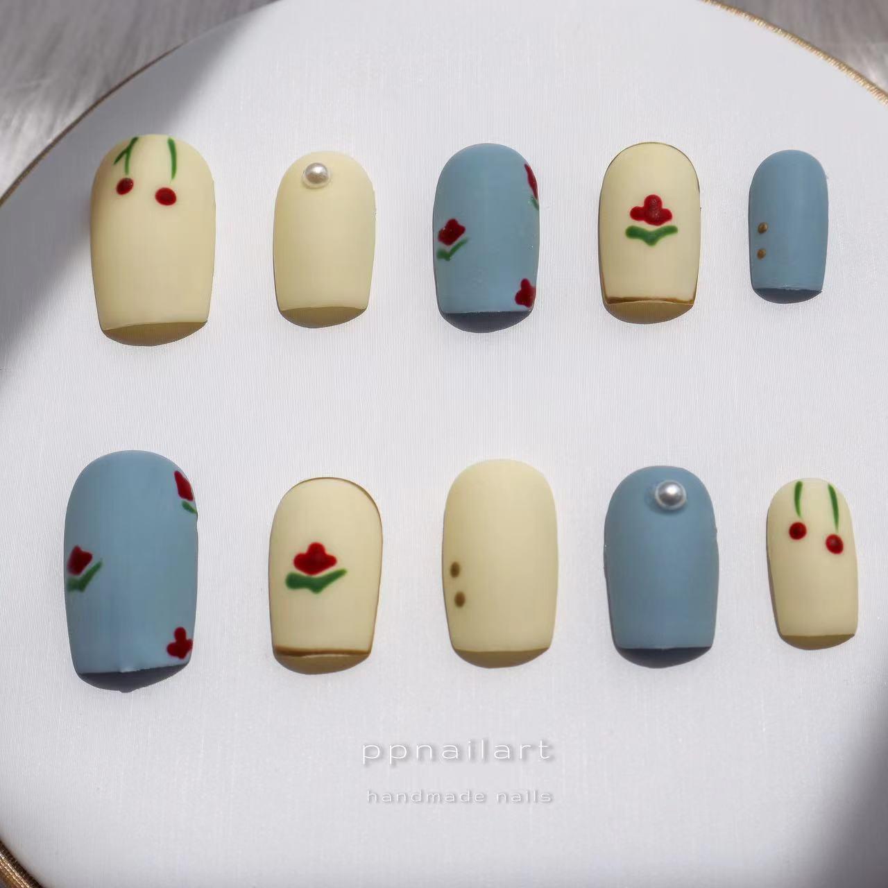 Designer: XinXin 13. Retro matt blue milky white  handmade nails Press on Nails DIY Nail Art