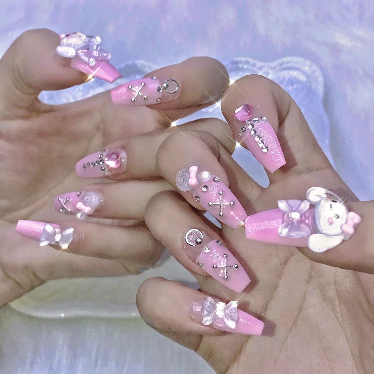 90-94.BabyCinnamoroll pink blue handmade nails Press on Nails DIY Nail Art 91 92 93