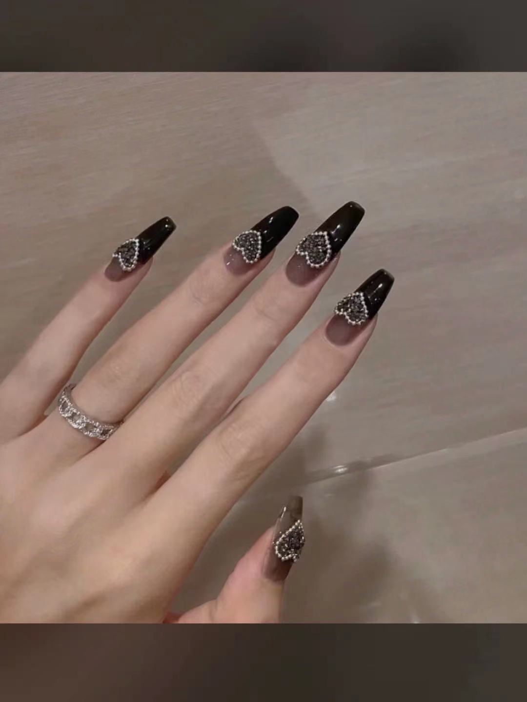 Designer: DuoDuo 2068.Handmade nails Press on Nails DIY Nail Art for woman girl French Long Coffin black