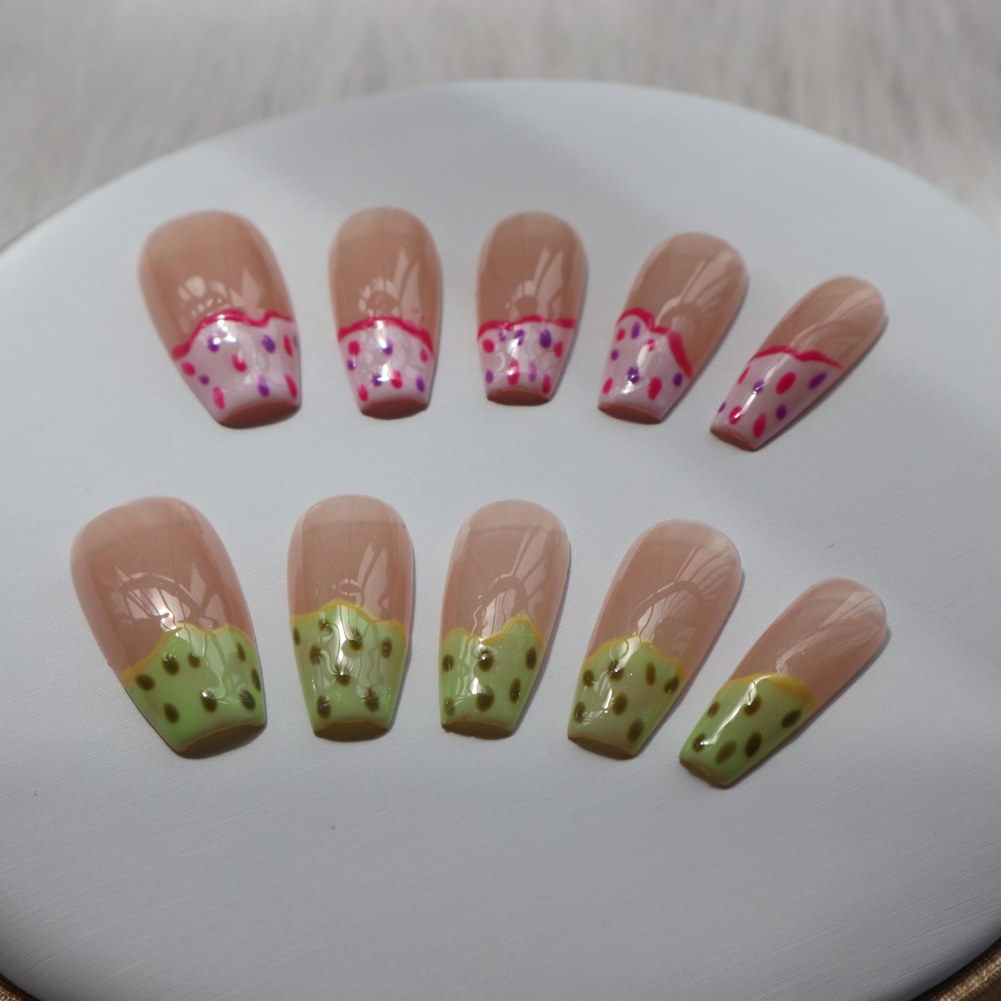 Designer: XinXin 46.Painting pink pitaya long T handmade nails Press on Nails DIY Nail