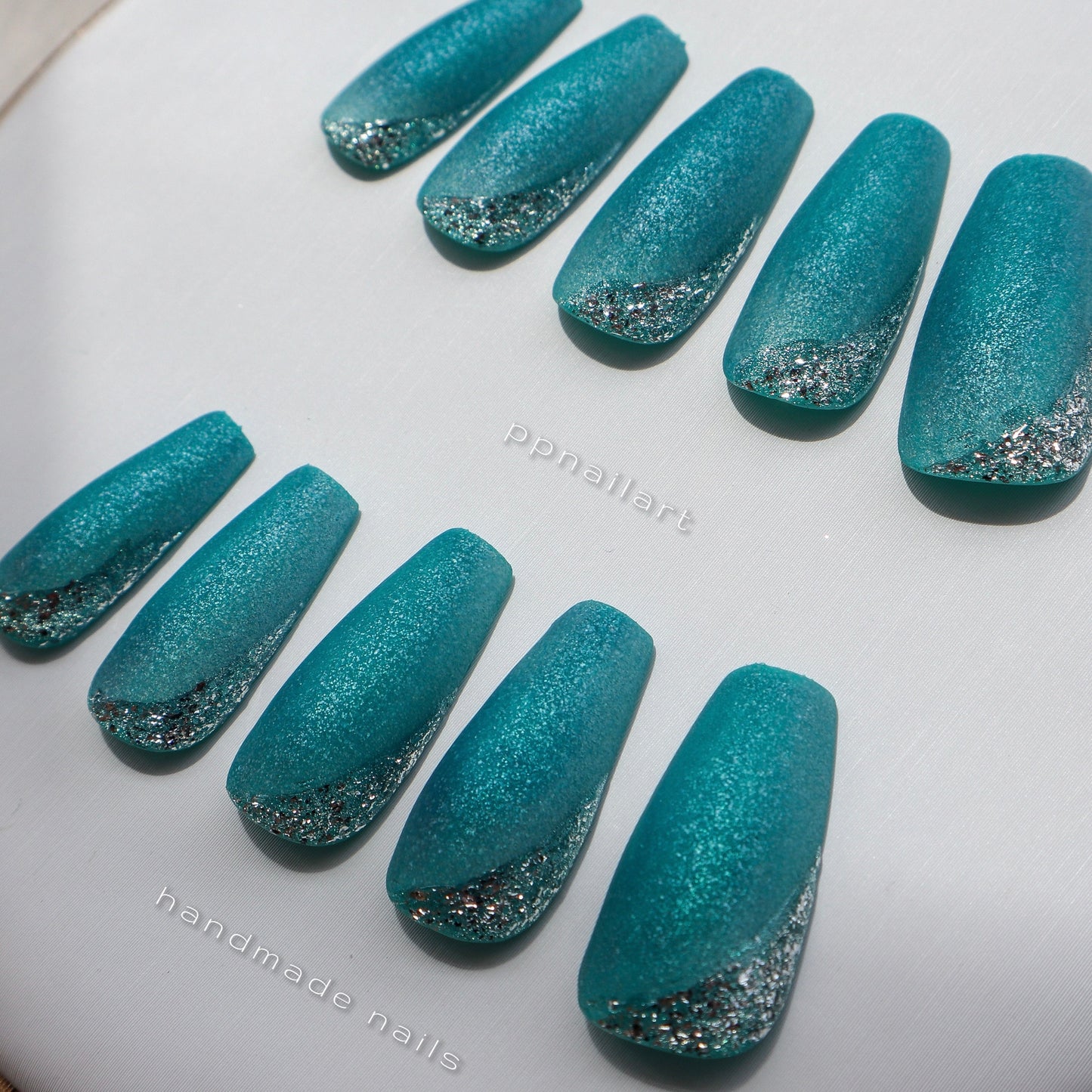 Designer: XinXin 14. Peacock green shining handmade nails Press on Nails DIY Nail Art