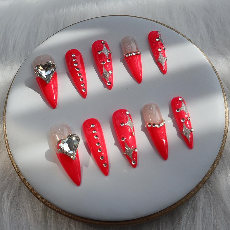 Designer: XinXin 67.Red rhinestones heart almond handmade nails Press on Nails DIY Nail