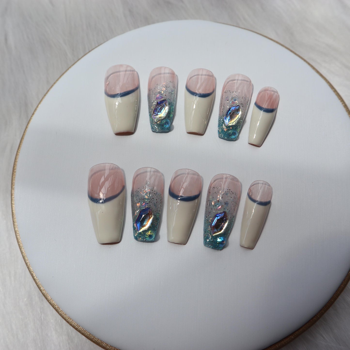 Designer: XinXin 32.Pink white french style long T handmade nails Press on Nails DIY Nail Art