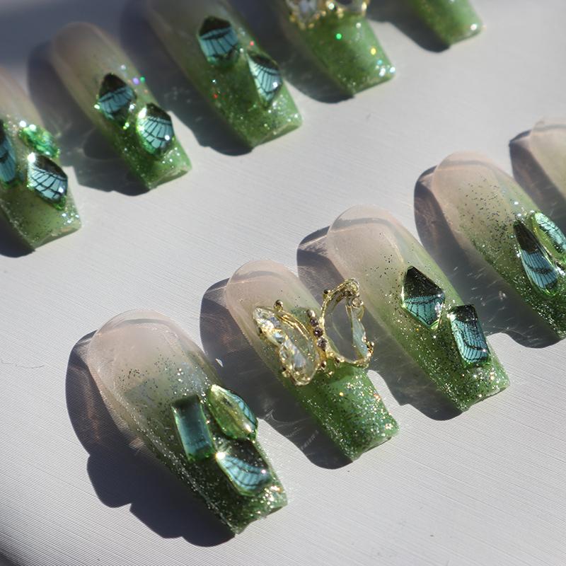 Designer: XinXin 72.Green Shining long T handmade nails Press on Nails DIY Nail