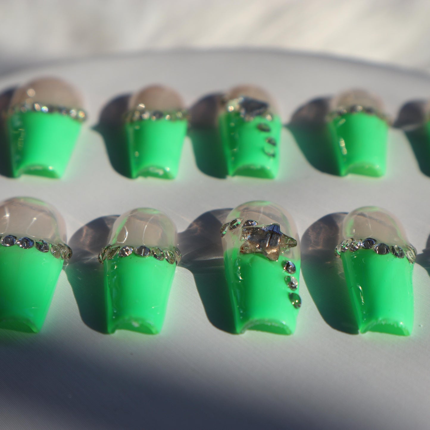 Designer: XinXin 85.Pink Green rhinestone star long T handmade nails Press on Nails DIY Nail