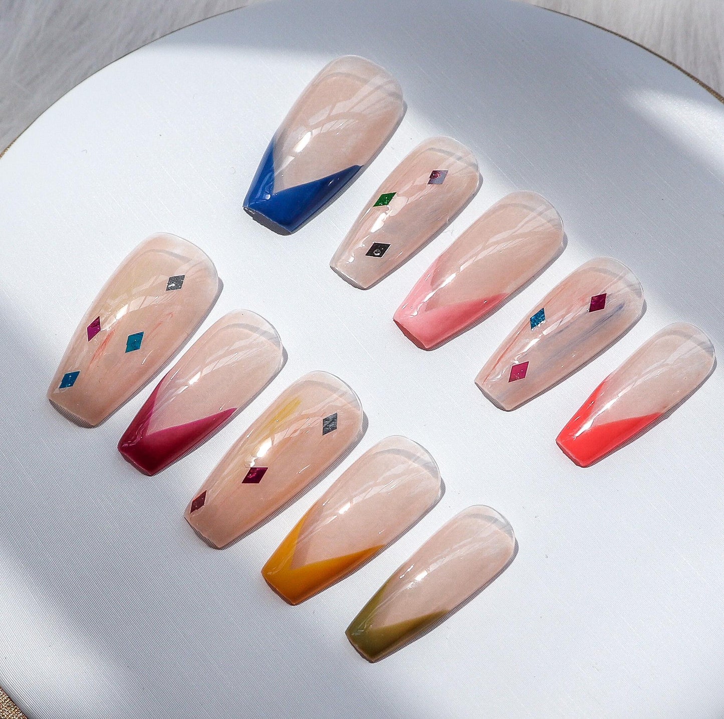 Designer: XinXin 47.Colourful painting long T handmade nails Press on Nails DIY Nail