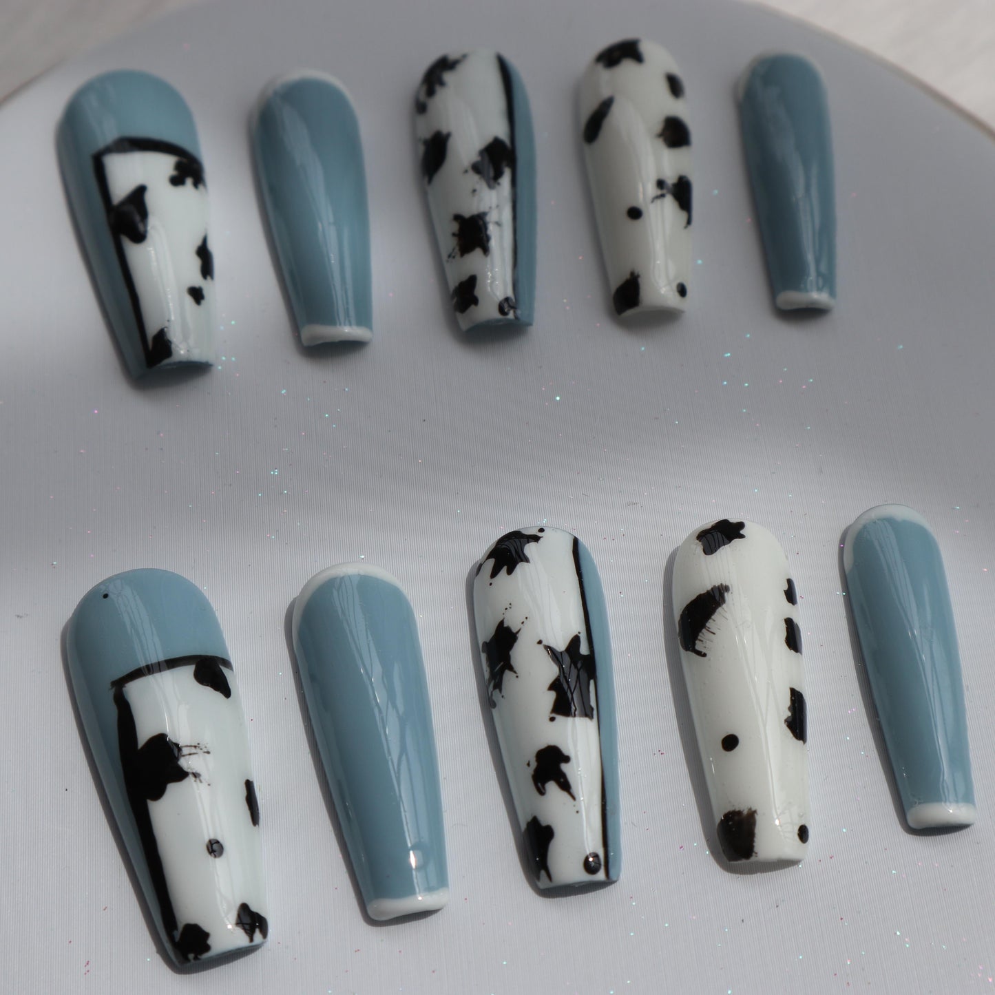 Designer: XinXin 18. Blue white cow pattern painting Long T  handmade nails Press on Nails DIY Nail Art