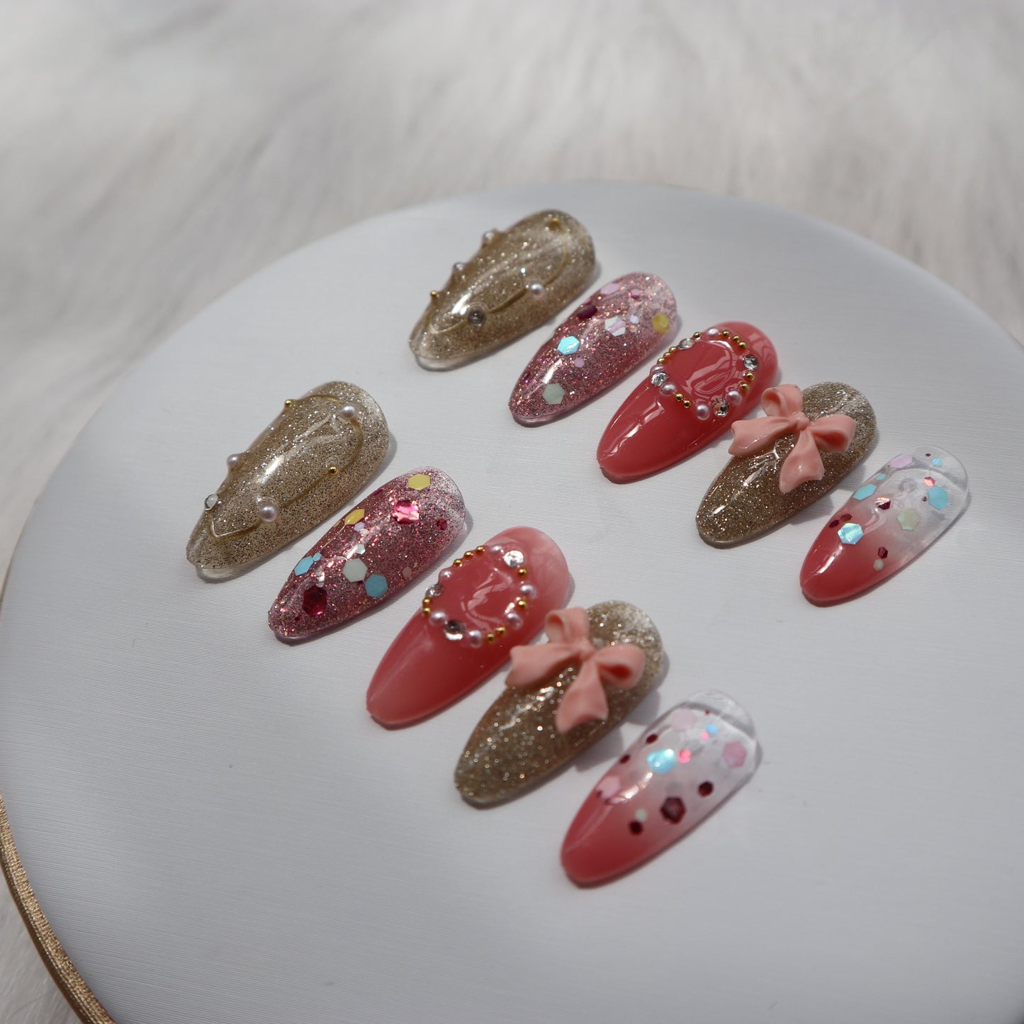 Designer: XinXin 39.Pink golden bow-knot shining handmade nails Press on Nails DIY Nail Art