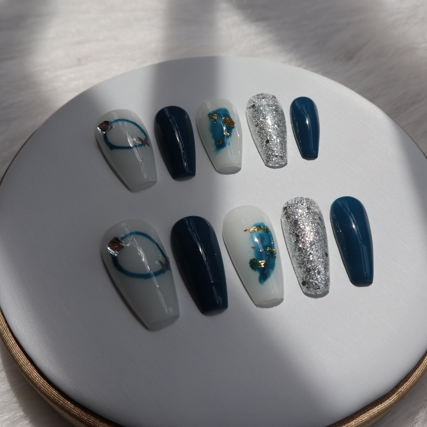 Designer: XinXin 16. Paiting blue shining gold foil handmade nails Press on Nails DIY Nail Art