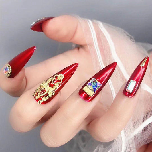 Designer: DuoDuo 5005.Handmade nails Press on Nails DIY Nail Art for woman girl Long Almond red gold