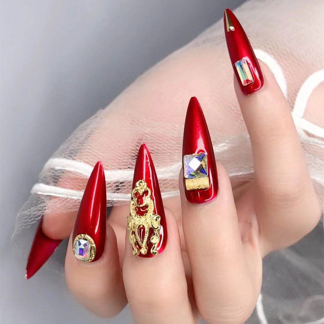 Designer: DuoDuo 5005.Handmade nails Press on Nails DIY Nail Art for woman girl Long Almond red gold