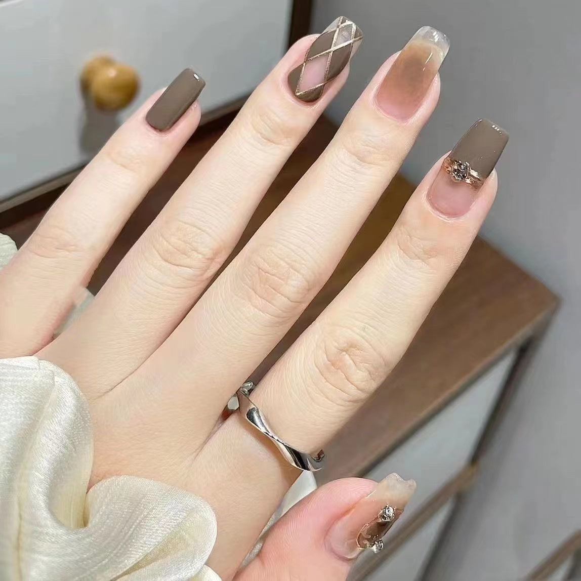 Designer: DuoDuo 5010.Handmade nails Press on Nails DIY Nail Art for woman girl Long Coffin brown gray