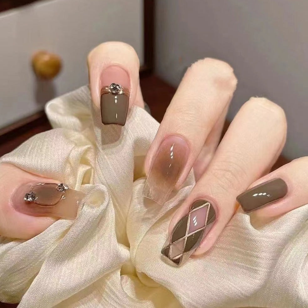 Designer: DuoDuo 5010.Handmade nails Press on Nails DIY Nail Art for woman girl Long Coffin brown gray