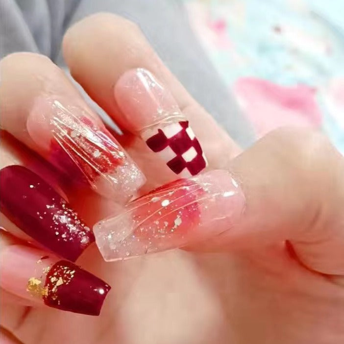 Designer: DuoDuo 5011.Handmade nails Press on Nails DIY Nail Art for woman girl Long Coffin red