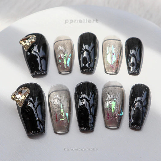 Designer: XinXin 30.Black gold foil heart handmade nails Press on Nails DIY Nail Art