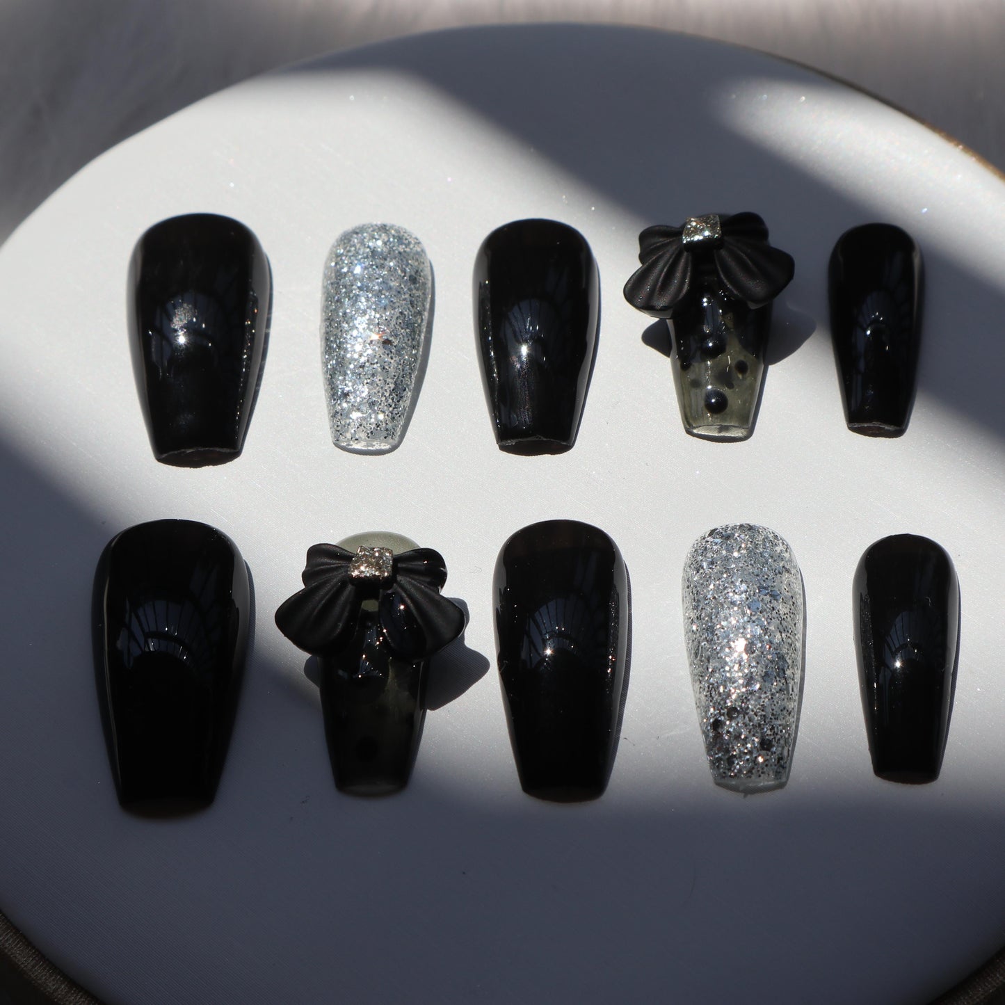 Designer: XinXin 54.Black silver bow-knot heart handmade nails Press on Nails DIY Nail