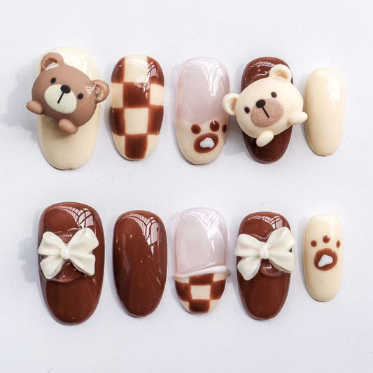 Designer: XinXin 98.Teddy Bear cute handmade nails Press on Nails DIY Nail Art