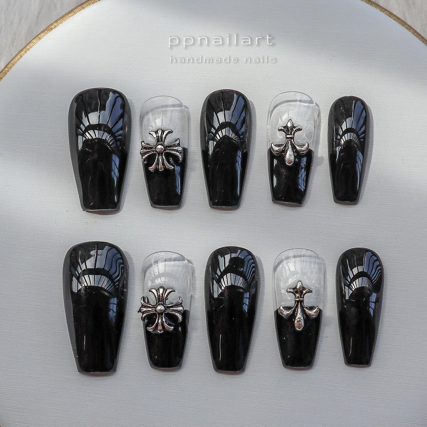 Designer: XinXin 26. Goth Black transparentChrome cross handmade nails Press on Nails DIY Nail Art