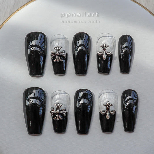 Designer: XinXin 26. Goth Black transparentChrome cross handmade nails Press on Nails DIY Nail Art