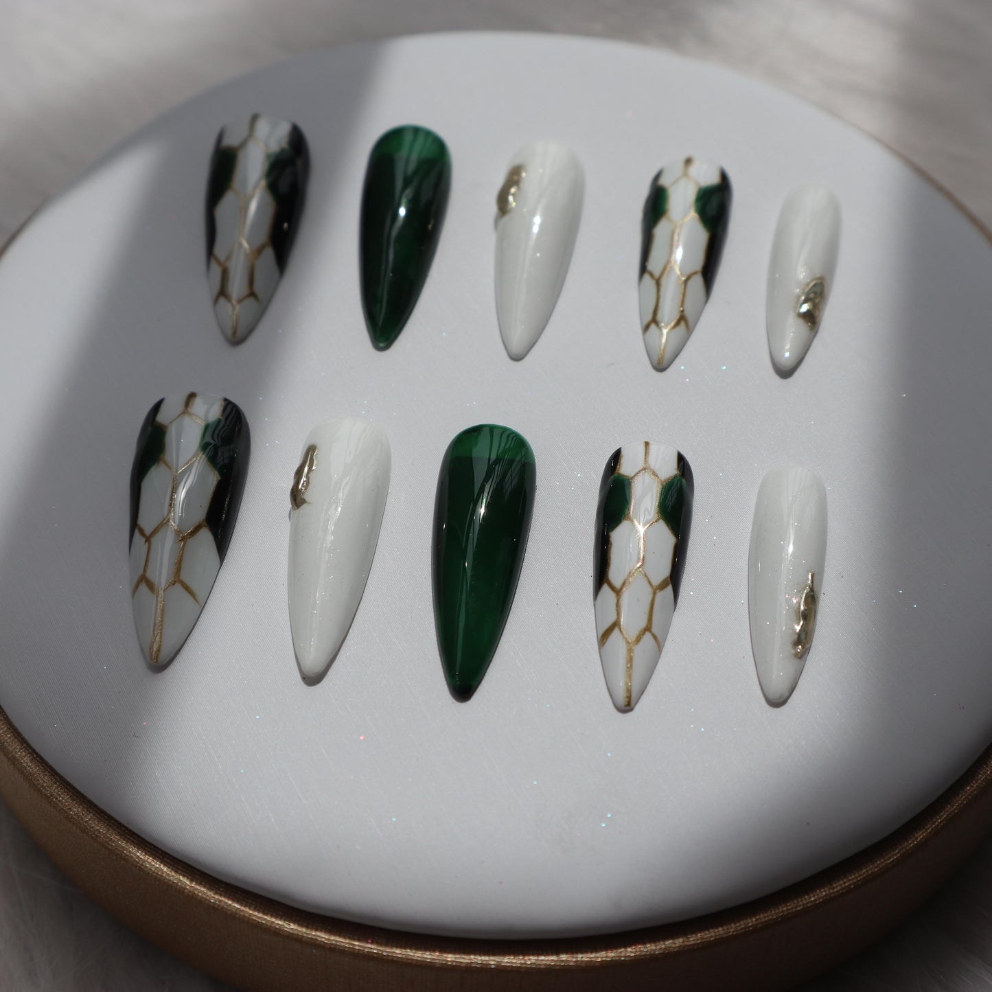 Designer: XinXin 23. Snake pattern green almond handmade nails Press on Nails DIY Nail Art