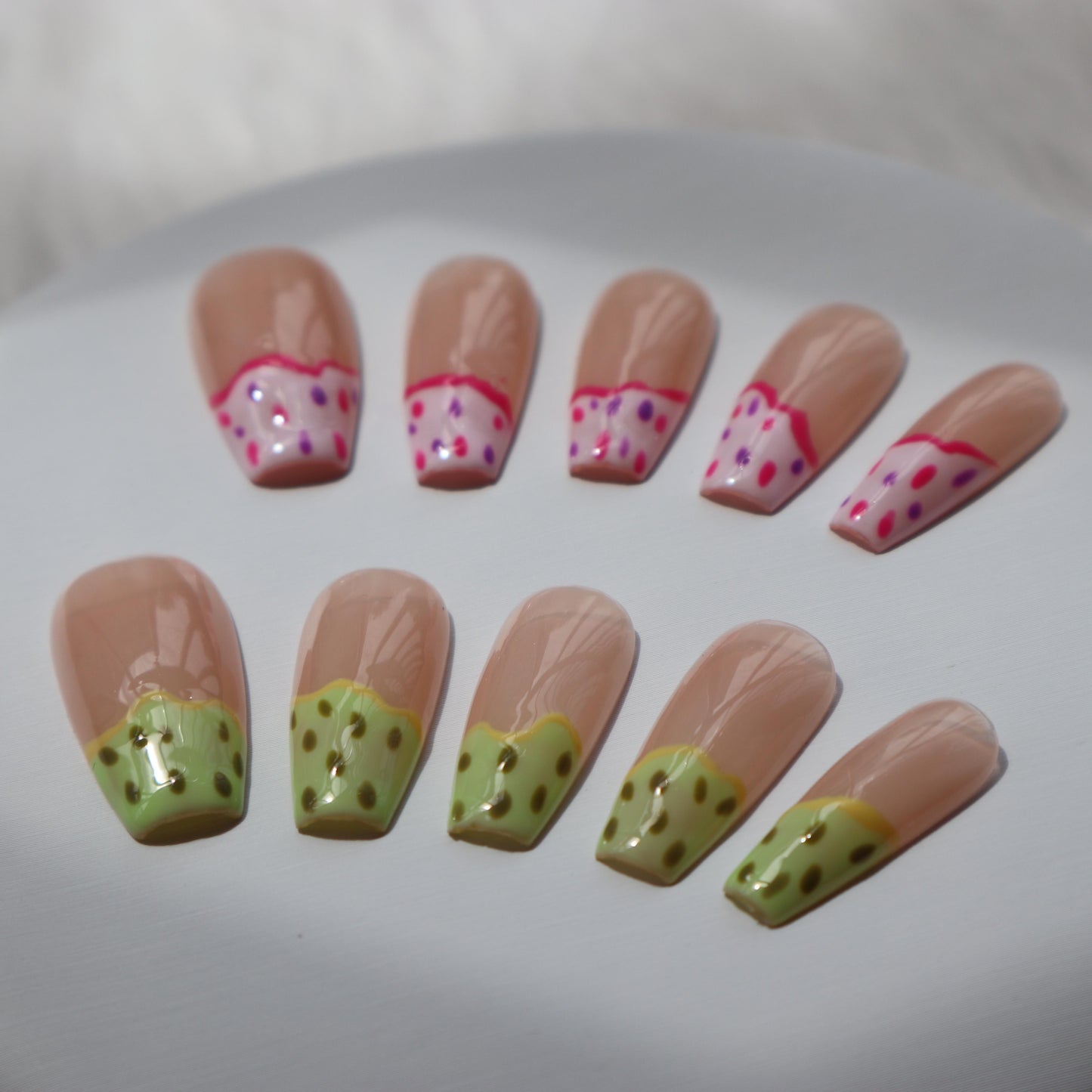 Designer: XinXin 46.Painting pink pitaya long T handmade nails Press on Nails DIY Nail