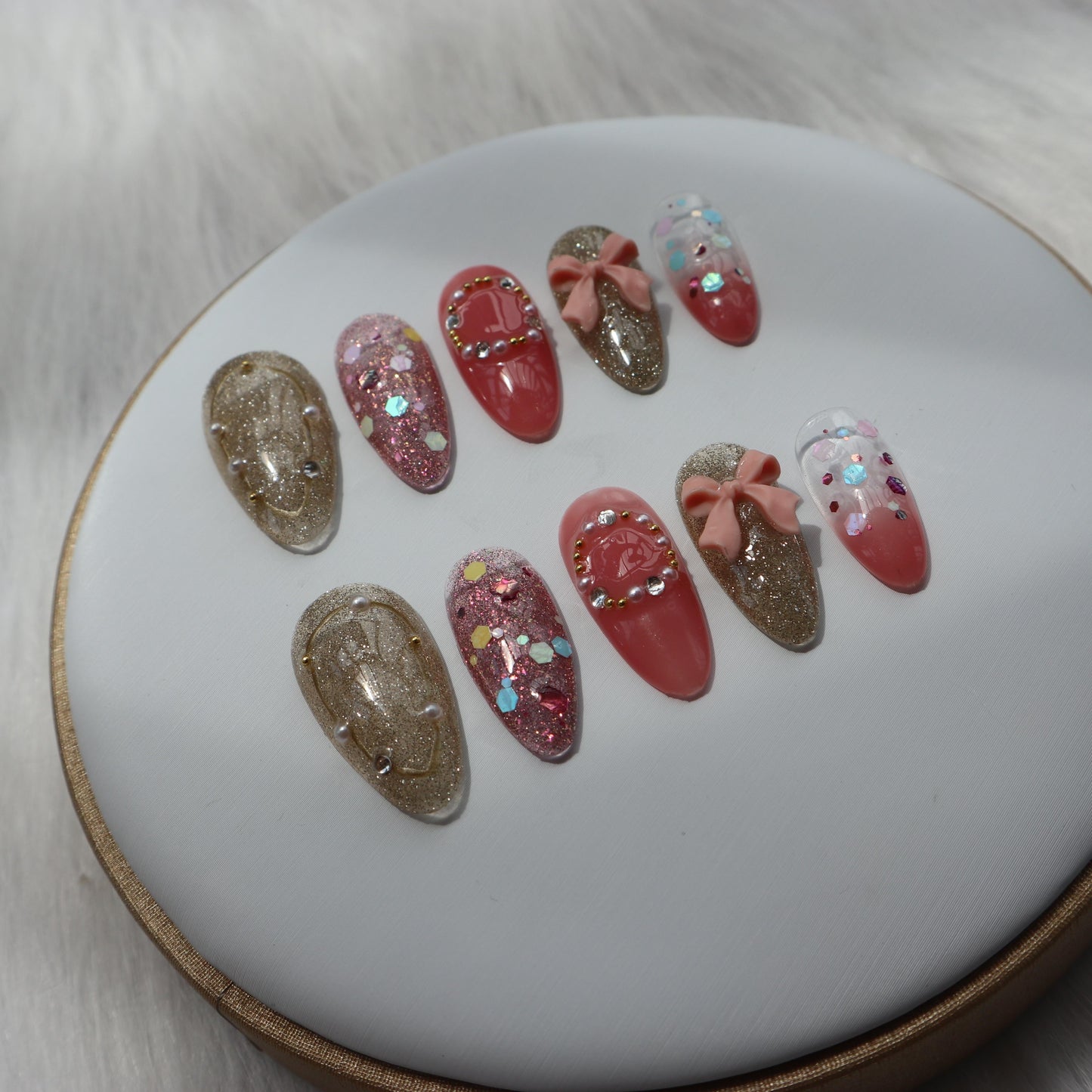 Designer: XinXin 39.Pink golden bow-knot shining handmade nails Press on Nails DIY Nail Art