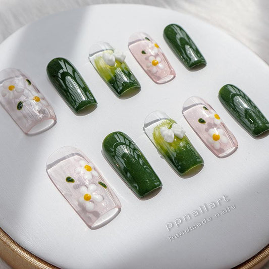 Designer: XinXin 7. Green Pink flowers long handmade nails