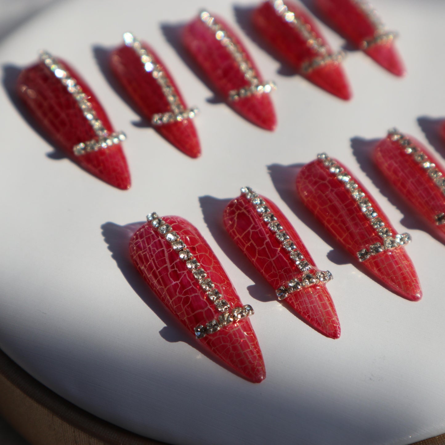 Designer: XinXin 66.Red rhinestones almond handmade nails Press on Nails DIY Nail