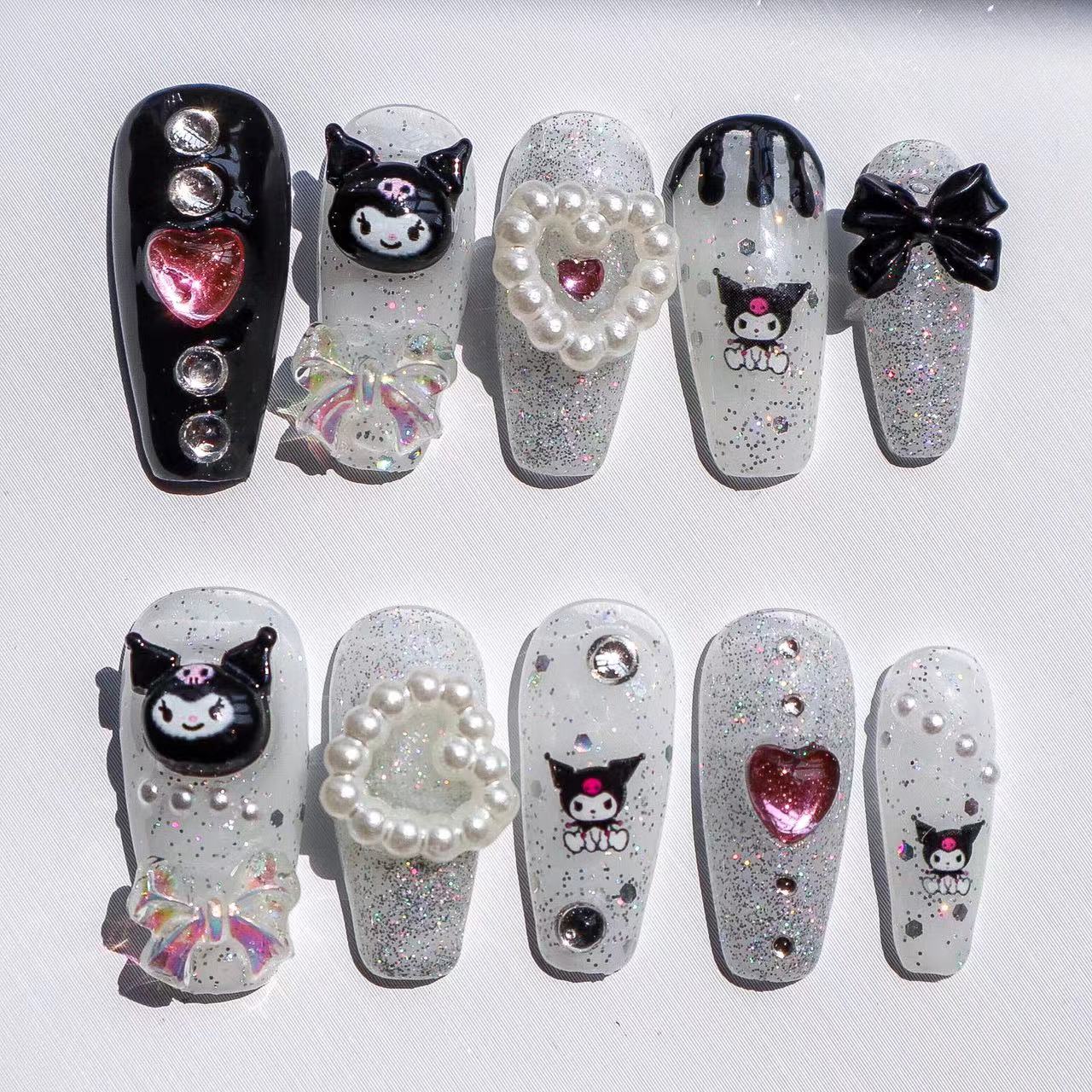 Designer: XinXin 86-88. Kuromi pink purple black handmade nails Press on Nails DIY Nail Art 87