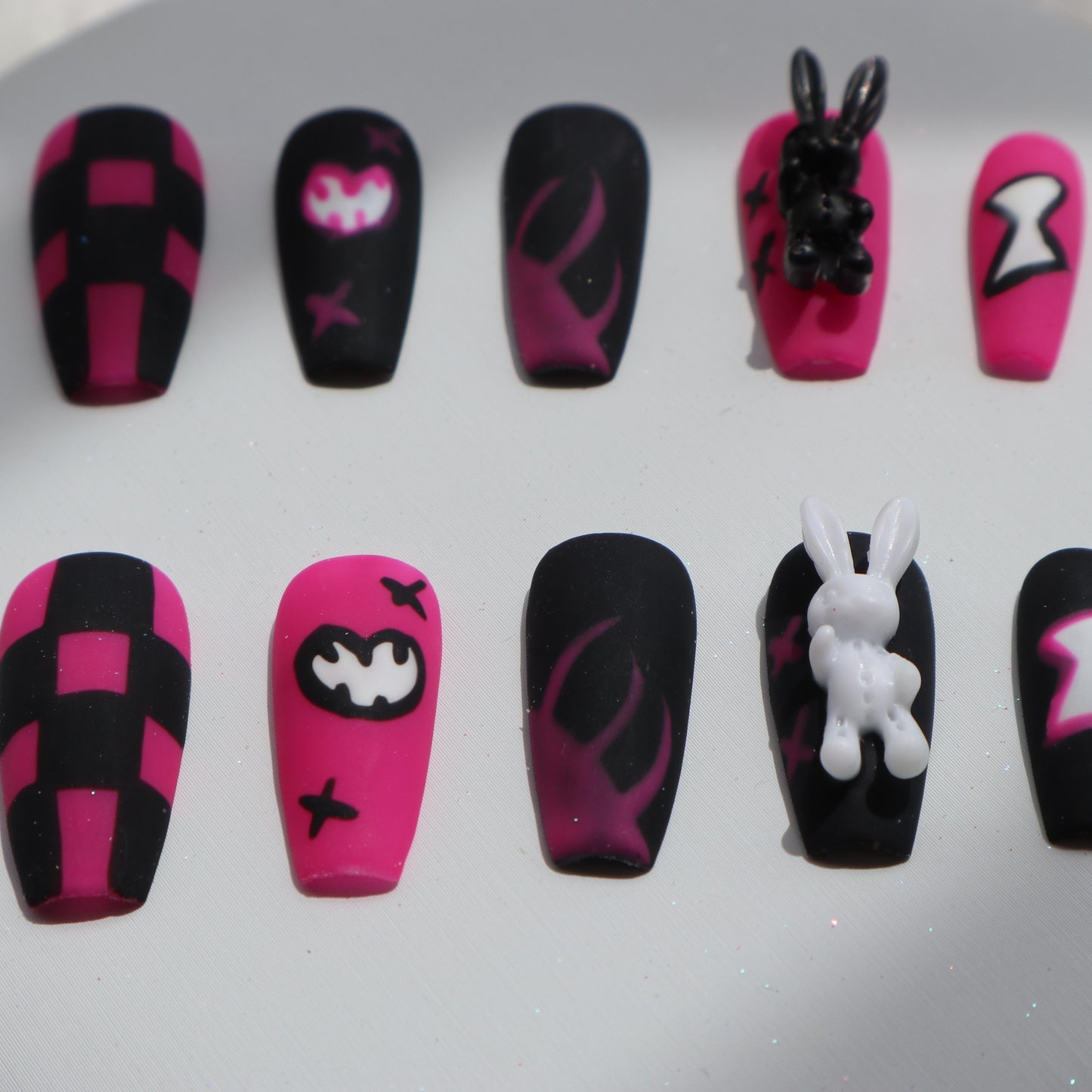 Designer: XinXin 27.Black pink hallowen style bunny handmade nails Press on Nails DIY Nail Art