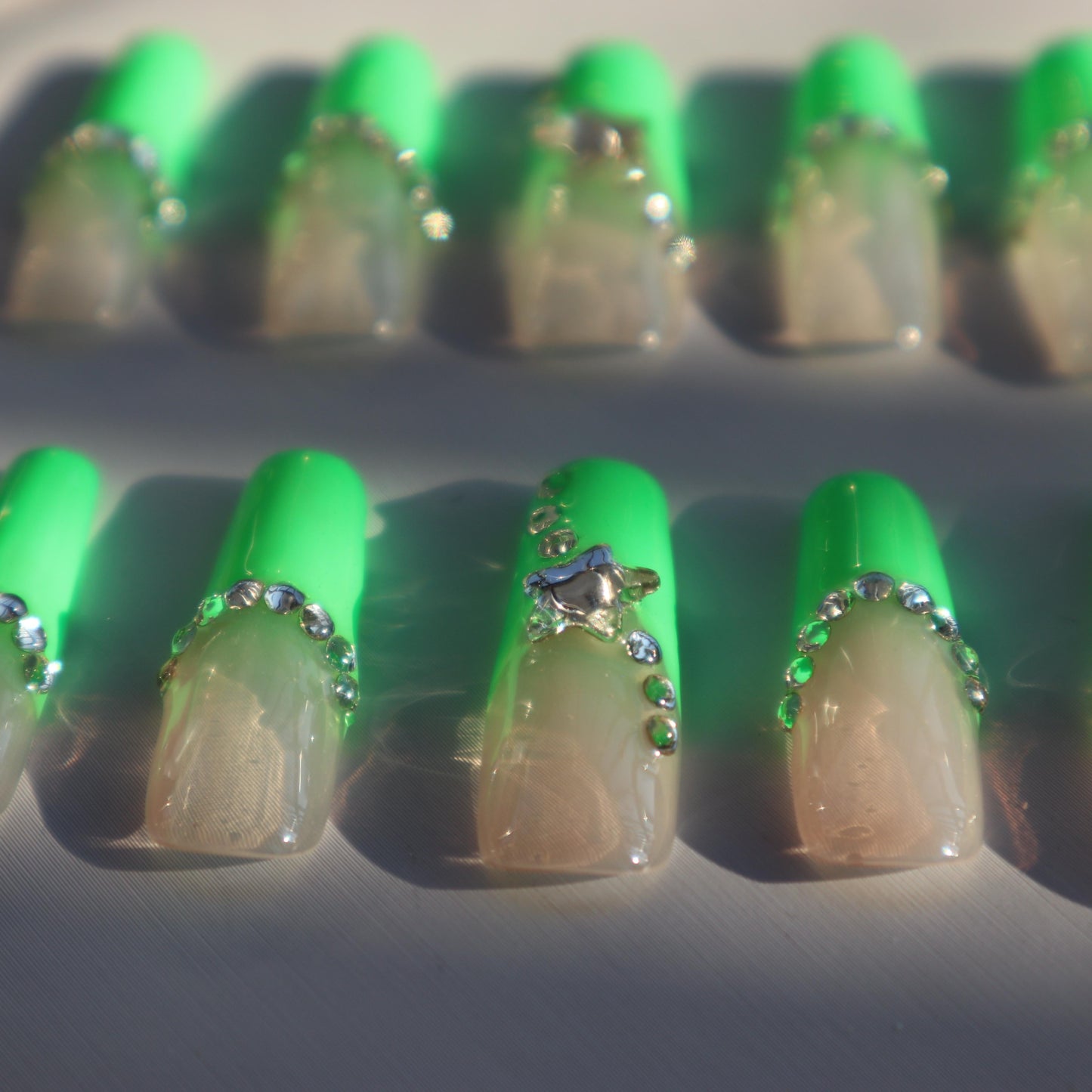 Designer: XinXin 85.Pink Green rhinestone star long T handmade nails Press on Nails DIY Nail