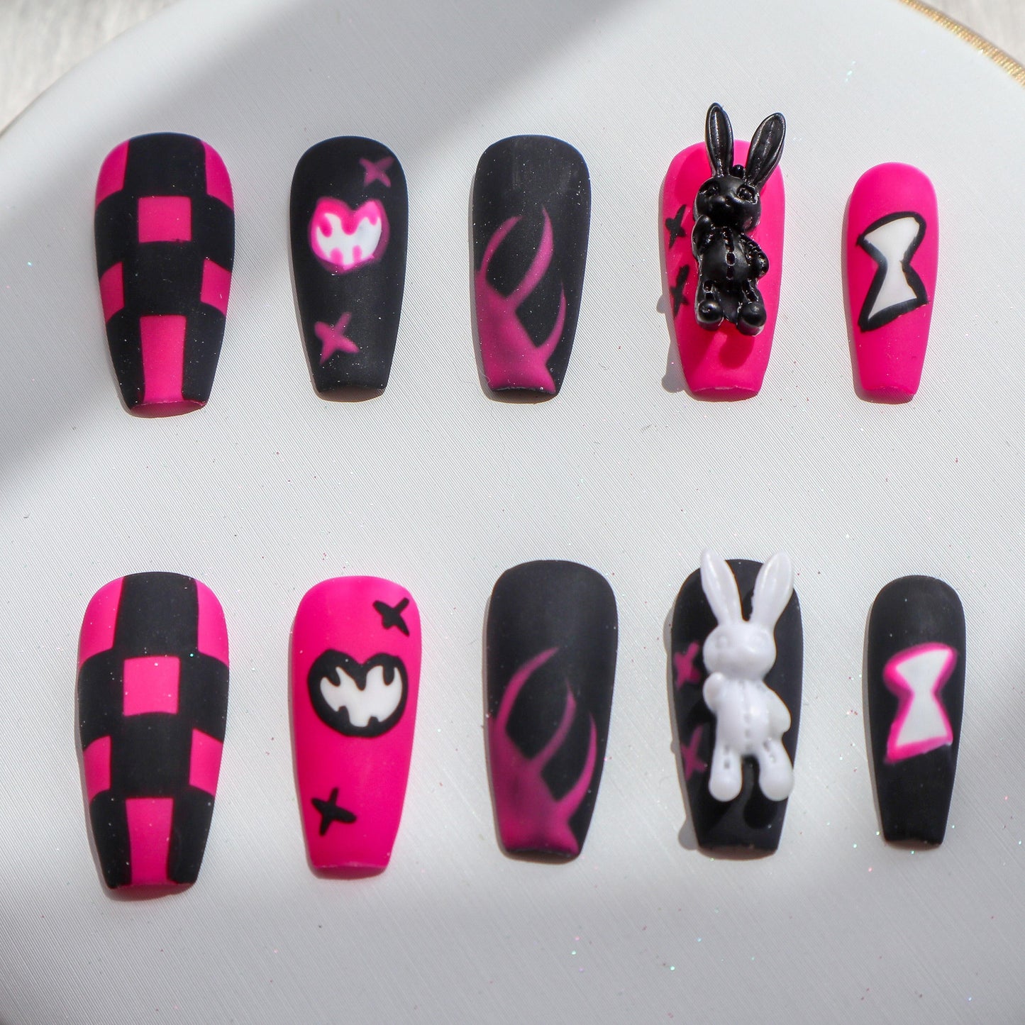 Designer: XinXin 27.Black pink hallowen style bunny handmade nails Press on Nails DIY Nail Art