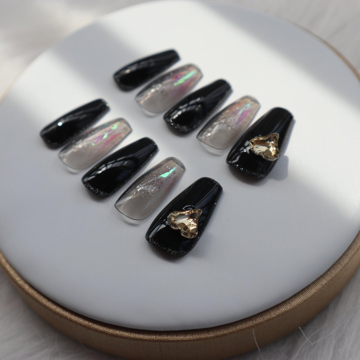 Designer: XinXin 30.Black gold foil heart handmade nails Press on Nails DIY Nail Art