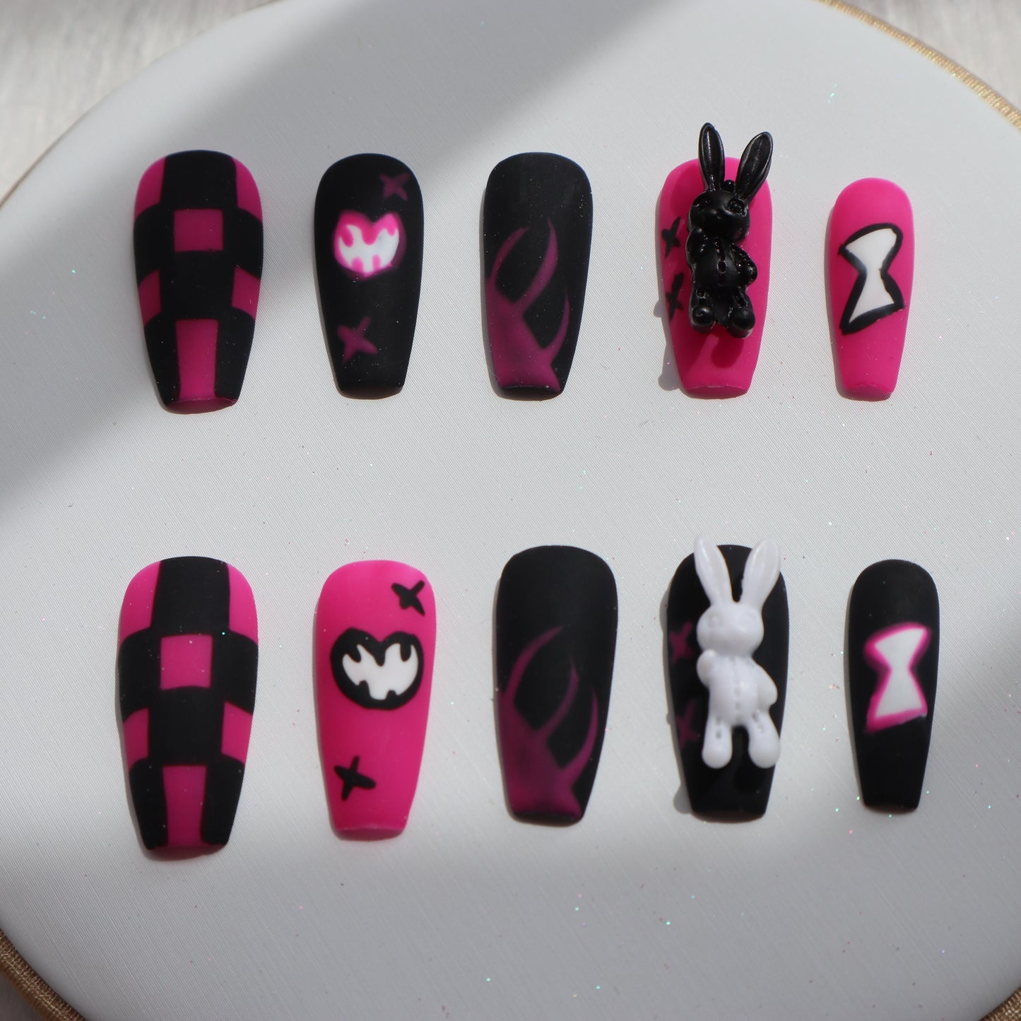 Designer: XinXin 27.Black pink hallowen style bunny handmade nails Press on Nails DIY Nail Art