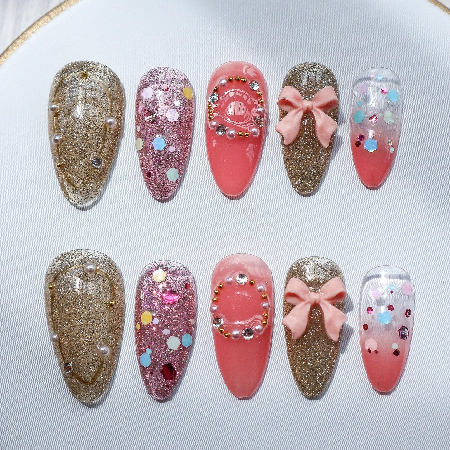 Designer: XinXin 39.Pink golden bow-knot shining handmade nails Press on Nails DIY Nail Art