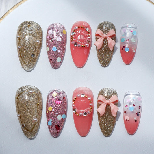 Designer: XinXin 39.Pink golden bow-knot shining handmade nails Press on Nails DIY Nail Art