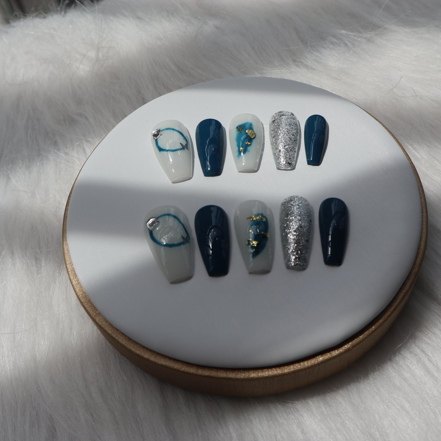 Designer: XinXin 16. Paiting blue shining gold foil handmade nails Press on Nails DIY Nail Art